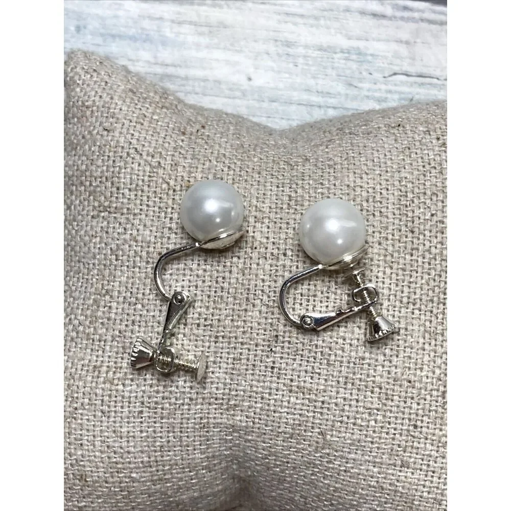 Pearl Clip-on Silver Tone EARRINGS‎ Faux imitation NWOT